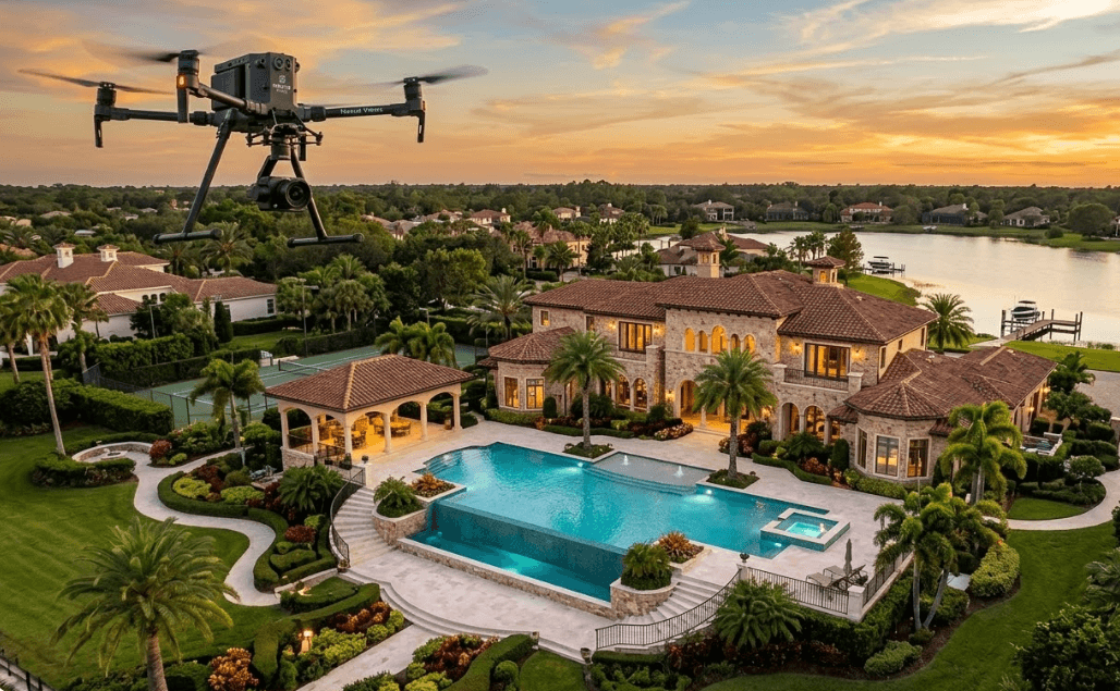 Residential drone photography of a luxury Florida estate at sunset
